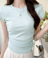 サイドギャザーtシャツ 半袖トップス夏服 ラウンドネックちびTシャツ レディース 無地タイトtシャツ 韓国風シンプル 着やせ細見えTシャツ サイドタックカットソー 84WANJIA-021