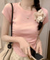 サイドギャザーtシャツ 半袖トップス夏服 ラウンドネックちびTシャツ レディース 無地タイトtシャツ 韓国風シンプル 着やせ細見えTシャツ サイドタックカットソー 84WANJIA-021