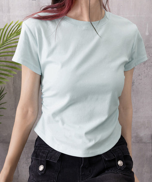 サイドギャザーtシャツ 半袖トップス夏服 ラウンドネックちびTシャツ レディース 無地タイトtシャツ 韓国風シンプル 着やせ細見えTシャツ サイドタックカットソー 84WANJIA-021