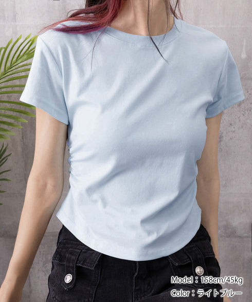 サイドギャザーtシャツ 半袖トップス夏服 ラウンドネックちびTシャツ レディース 無地タイトtシャツ 韓国風シンプル 着やせ細見えTシャツ サイドタックカットソー 84WANJIA-021