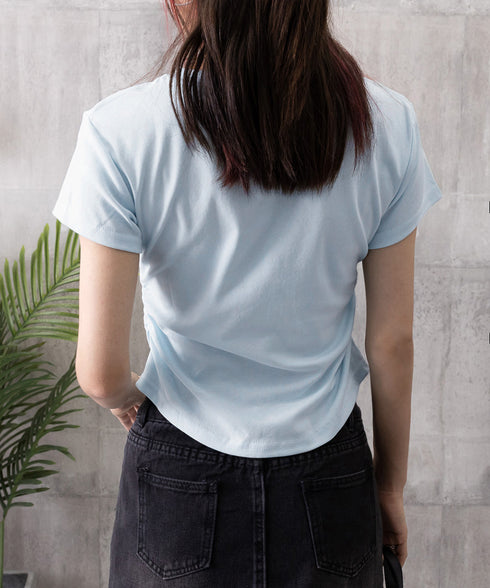 サイドギャザーtシャツ 半袖トップス夏服 ラウンドネックちびTシャツ レディース 無地タイトtシャツ 韓国風シンプル 着やせ細見えTシャツ サイドタックカットソー 84WANJIA-021
