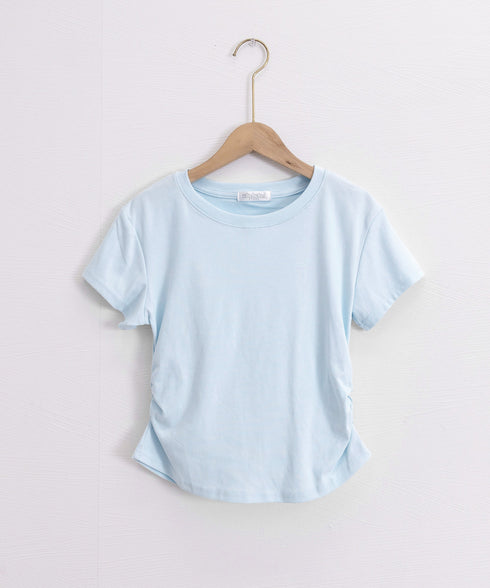 サイドギャザーtシャツ 半袖トップス夏服 ラウンドネックちびTシャツ レディース 無地タイトtシャツ 韓国風シンプル 着やせ細見えTシャツ サイドタックカットソー 84WANJIA-021