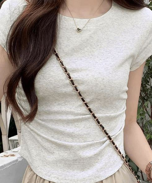 サイドギャザーtシャツ 半袖トップス夏服 ラウンドネックちびTシャツ レディース 無地タイトtシャツ 韓国風シンプル 着やせ細見えTシャツ サイドタックカットソー 84WANJIA-021