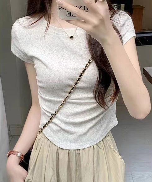 サイドギャザーtシャツ 半袖トップス夏服 ラウンドネックちびTシャツ レディース 無地タイトtシャツ 韓国風シンプル 着やせ細見えTシャツ サイドタックカットソー 84WANJIA-021