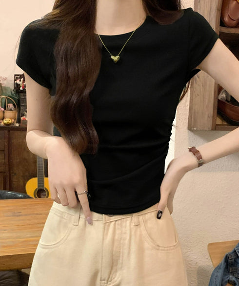 サイドギャザーtシャツ 半袖トップス夏服 ラウンドネックちびTシャツ レディース 無地タイトtシャツ 韓国風シンプル 着やせ細見えTシャツ サイドタックカットソー 84WANJIA-021
