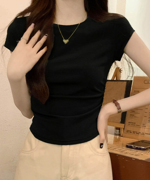 サイドギャザーtシャツ 半袖トップス夏服 ラウンドネックちびTシャツ レディース 無地タイトtシャツ 韓国風シンプル 着やせ細見えTシャツ サイドタックカットソー 84WANJIA-021