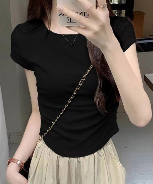 サイドギャザーtシャツ 半袖トップス夏服 ラウンドネックちびTシャツ レディース 無地タイトtシャツ 韓国風シンプル 着やせ細見えTシャツ サイドタックカットソー 84WANJIA-021