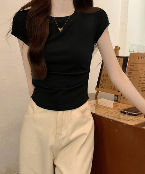 サイドギャザーtシャツ 半袖トップス夏服 ラウンドネックちびTシャツ レディース 無地タイトtシャツ 韓国風シンプル 着やせ細見えTシャツ サイドタックカットソー 84WANJIA-021