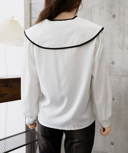 ビッグ襟ブラウス リボンタイブラウス長袖 レディース バイカラーシャツブラウス フレンチガーリー 大きめ襟トップス ゆったり韓国ファッション 着やせ 体型カバー 84WANJIA-022