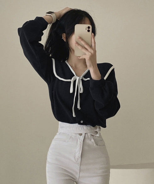 ビッグ襟ブラウス リボンタイブラウス長袖 レディース バイカラーシャツブラウス フレンチガーリー 大きめ襟トップス ゆったり韓国ファッション 着やせ 体型カバー 84WANJIA-022