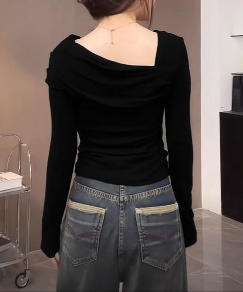 ワンオフショルダーTシャツ肩出しトップス レディース 大人カジュアル タイトTシャツ 韓国風 片方オフショルダーカットソー サイドギャザー セクシーtシャツ 無地 84WANJIA-023