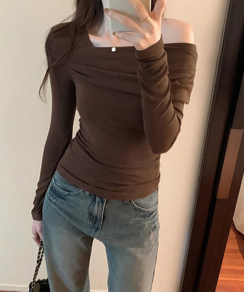 ワンオフショルダーTシャツ肩出しトップス レディース 大人カジュアル タイトTシャツ 韓国風 片方オフショルダーカットソー サイドギャザー セクシーtシャツ 無地 84WANJIA-023