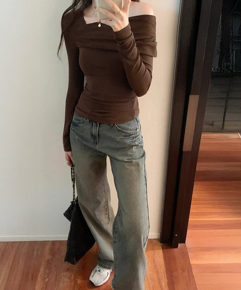 ワンオフショルダーTシャツ肩出しトップス レディース 大人カジュアル タイトTシャツ 韓国風 片方オフショルダーカットソー サイドギャザー セクシーtシャツ 無地 84WANJIA-023