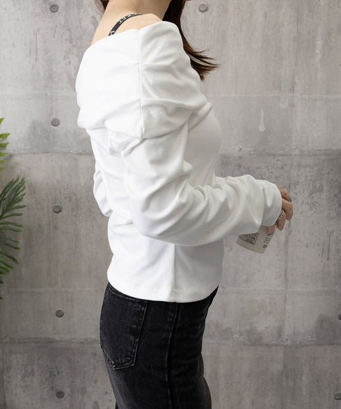 ワンオフショルダーTシャツ肩出しトップス レディース 大人カジュアル タイトTシャツ 韓国風 片方オフショルダーカットソー サイドギャザー セクシーtシャツ 無地 84WANJIA-023