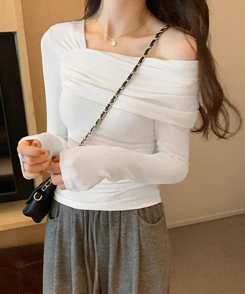 ワンオフショルダーTシャツ肩出しトップス レディース 大人カジュアル タイトTシャツ 韓国風 片方オフショルダーカットソー サイドギャザー セクシーtシャツ 無地 84WANJIA-023