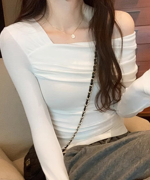 ワンオフショルダーTシャツ肩出しトップス レディース 大人カジュアル タイトTシャツ 韓国風 片方オフショルダーカットソー サイドギャザー セクシーtシャツ 無地 84WANJIA-023