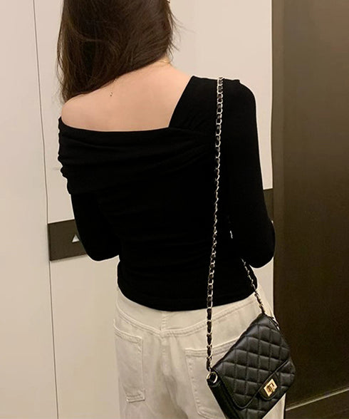 ワンオフショルダーTシャツ肩出しトップス レディース 大人カジュアル タイトTシャツ 韓国風 片方オフショルダーカットソー サイドギャザー セクシーtシャツ 無地 84WANJIA-023