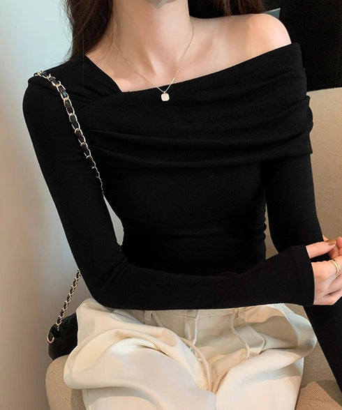ワンオフショルダーTシャツ肩出しトップス レディース 大人カジュアル タイトTシャツ 韓国風 片方オフショルダーカットソー サイドギャザー セクシーtシャツ 無地 84WANJIA-023