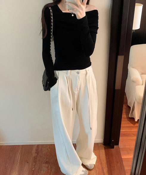 ワンオフショルダーTシャツ肩出しトップス レディース 大人カジュアル タイトTシャツ 韓国風 片方オフショルダーカットソー サイドギャザー セクシーtシャツ 無地 84WANJIA-023