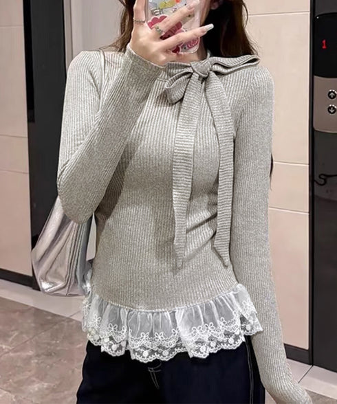 リボンネックニット 裾レースカットソー秋 レディース スリムフィット ニットTシャツ レイヤード風 大人可愛い ニットプルオーバー タイトトップス 着回し 韓国風 84WANJIA-024