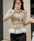 リボンネックニット 裾レースカットソー秋 レディース スリムフィット ニットTシャツ レイヤード風 大人可愛い ニットプルオーバー タイトトップス 着回し 韓国風 84WANJIA-024