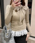 リボンネックニット 裾レースカットソー秋 レディース スリムフィット ニットTシャツ レイヤード風 大人可愛い ニットプルオーバー タイトトップス 着回し 韓国風 84WANJIA-024