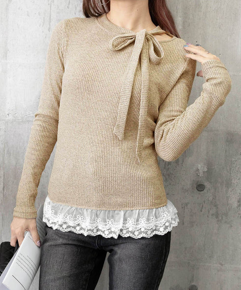 リボンネックニット 裾レースカットソー秋 レディース スリムフィット ニットTシャツ レイヤード風 大人可愛い ニットプルオーバー タイトトップス 着回し 韓国風 84WANJIA-024