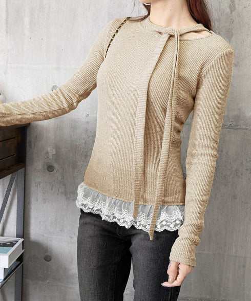 リボンネックニット 裾レースカットソー秋 レディース スリムフィット ニットTシャツ レイヤード風 大人可愛い ニットプルオーバー タイトトップス 着回し 韓国風 84WANJIA-024