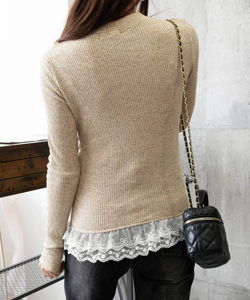 リボンネックニット 裾レースカットソー秋 レディース スリムフィット ニットTシャツ レイヤード風 大人可愛い ニットプルオーバー タイトトップス 着回し 韓国風 84WANJIA-024