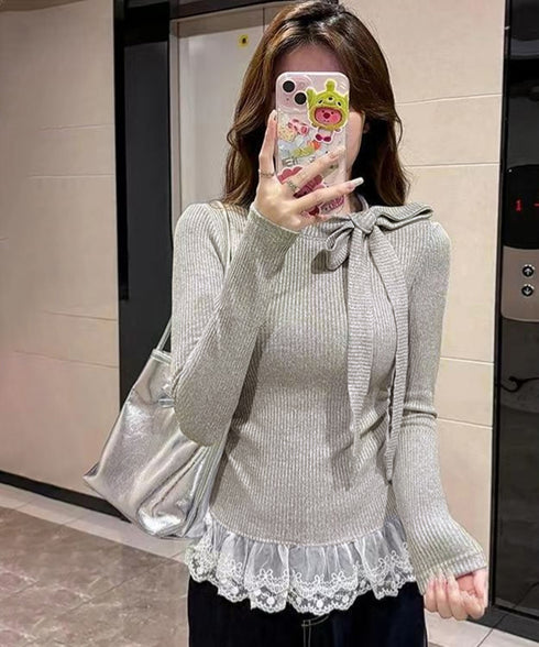 リボンネックニット 裾レースカットソー秋 レディース スリムフィット ニットTシャツ レイヤード風 大人可愛い ニットプルオーバー タイトトップス 着回し 韓国風 84WANJIA-024