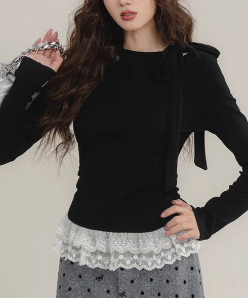 リボンネックニット 裾レースカットソー秋 レディース スリムフィット ニットTシャツ レイヤード風 大人可愛い ニットプルオーバー タイトトップス 着回し 韓国風 84WANJIA-024