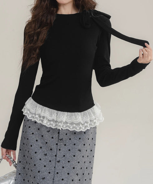 リボンネックニット 裾レースカットソー秋 レディース スリムフィット ニットTシャツ レイヤード風 大人可愛い ニットプルオーバー タイトトップス 着回し 韓国風 84WANJIA-024