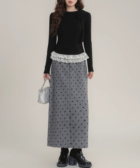 リボンネックニット 裾レースカットソー秋 レディース スリムフィット ニットTシャツ レイヤード風 大人可愛い ニットプルオーバー タイトトップス 着回し 韓国風 84WANJIA-024