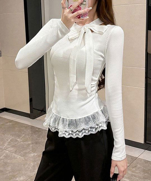 リボンネックニット 裾レースカットソー秋 レディース スリムフィット ニットTシャツ レイヤード風 大人可愛い ニットプルオーバー タイトトップス 着回し 韓国風 84WANJIA-024