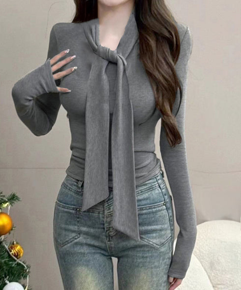 リボンタイ付きトップス ボウタイtシャツ レディース 大人可愛い ボウタイカットソー スリムフィットタイトtシャツ 長袖無地カットソー 細見え 韓国風インナー秋冬 84WANJIA-025