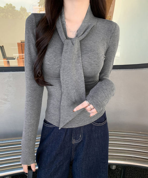 リボンタイ付きトップス ボウタイtシャツ レディース 大人可愛い ボウタイカットソー スリムフィットタイトtシャツ 長袖無地カットソー 細見え 韓国風インナー秋冬 84WANJIA-025