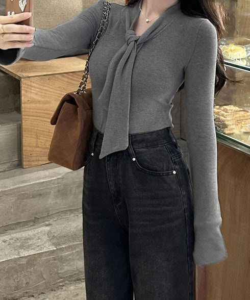 リボンタイ付きトップス ボウタイtシャツ レディース 大人可愛い ボウタイカットソー スリムフィットタイトtシャツ 長袖無地カットソー 細見え 韓国風インナー秋冬 84WANJIA-025