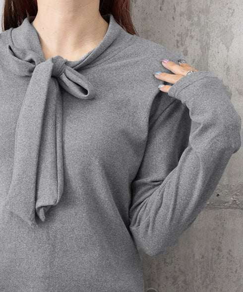 リボンタイ付きトップス ボウタイtシャツ レディース 大人可愛い ボウタイカットソー スリムフィットタイトtシャツ 長袖無地カットソー 細見え 韓国風インナー秋冬 84WANJIA-025