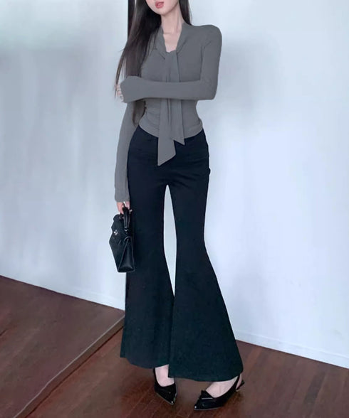 リボンタイ付きトップス ボウタイtシャツ レディース 大人可愛い ボウタイカットソー スリムフィットタイトtシャツ 長袖無地カットソー 細見え 韓国風インナー秋冬 84WANJIA-025