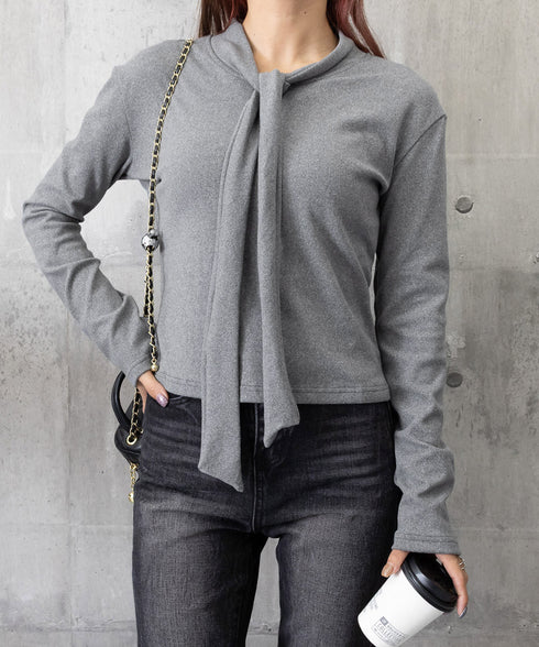 リボンタイ付きトップス ボウタイtシャツ レディース 大人可愛い ボウタイカットソー スリムフィットタイトtシャツ 長袖無地カットソー 細見え 韓国風インナー秋冬 84WANJIA-025