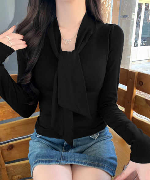 リボンタイ付きトップス ボウタイtシャツ レディース 大人可愛い ボウタイカットソー スリムフィットタイトtシャツ 長袖無地カットソー 細見え 韓国風インナー秋冬 84WANJIA-025