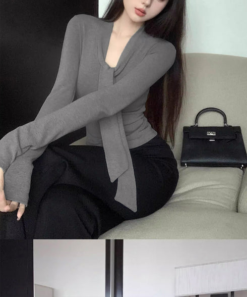 リボンタイ付きトップス ボウタイtシャツ レディース 大人可愛い ボウタイカットソー スリムフィットタイトtシャツ 長袖無地カットソー 細見え 韓国風インナー秋冬 84WANJIA-025