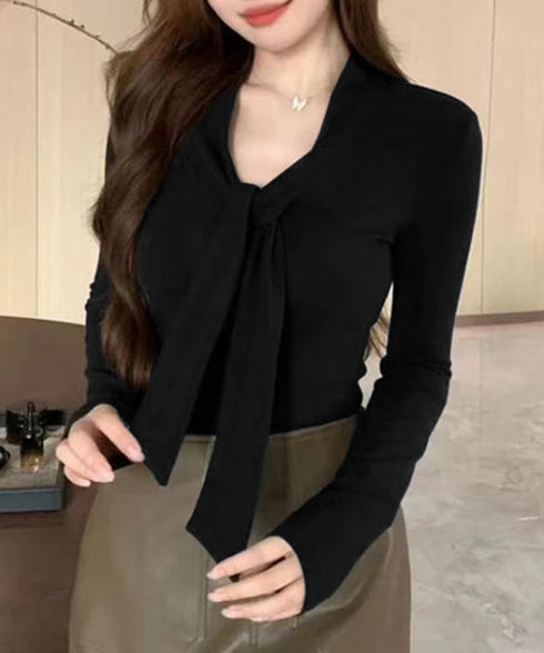 リボンタイ付きトップス ボウタイtシャツ レディース 大人可愛い ボウタイカットソー スリムフィットタイトtシャツ 長袖無地カットソー 細見え 韓国風インナー秋冬 84WANJIA-025