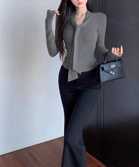 リボンタイ付きトップス ボウタイtシャツ レディース 大人可愛い ボウタイカットソー スリムフィットタイトtシャツ 長袖無地カットソー 細見え 韓国風インナー秋冬 84WANJIA-025