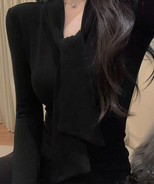 リボンタイ付きトップス ボウタイtシャツ レディース 大人可愛い ボウタイカットソー スリムフィットタイトtシャツ 長袖無地カットソー 細見え 韓国風インナー秋冬 84WANJIA-025