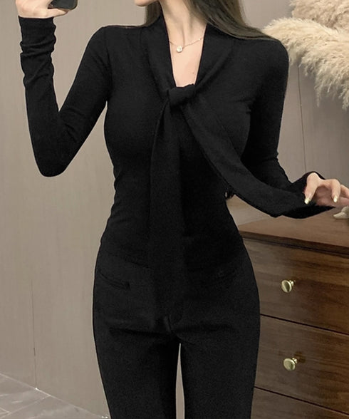 リボンタイ付きトップス ボウタイtシャツ レディース 大人可愛い ボウタイカットソー スリムフィットタイトtシャツ 長袖無地カットソー 細見え 韓国風インナー秋冬 84WANJIA-025