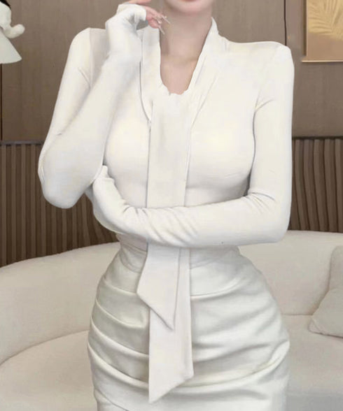 リボンタイ付きトップス ボウタイtシャツ レディース 大人可愛い ボウタイカットソー スリムフィットタイトtシャツ 長袖無地カットソー 細見え 韓国風インナー秋冬 84WANJIA-025