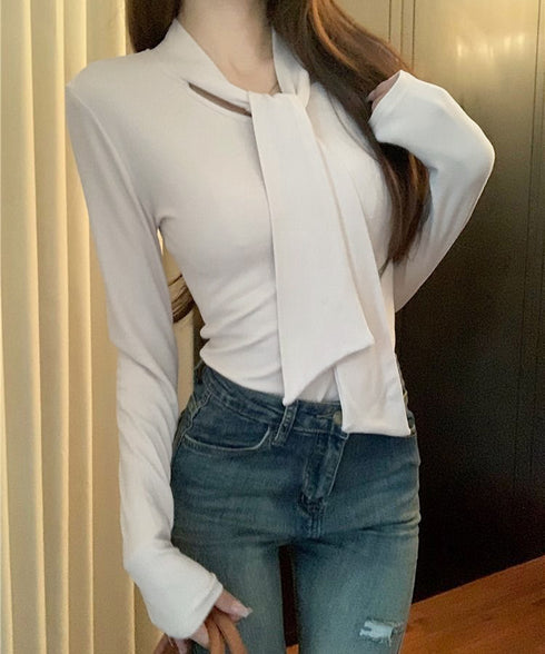 リボンタイ付きトップス ボウタイtシャツ レディース 大人可愛い ボウタイカットソー スリムフィットタイトtシャツ 長袖無地カットソー 細見え 韓国風インナー秋冬 84WANJIA-025