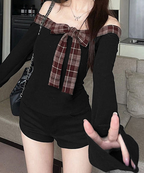 オフショルダー長袖Tシャツチェックリボン 肩見せトップス レディース チェック柄切り替えTシャツ 着やせ スリムフィットカットソー 大人可愛いタイトトップス肩出し 84WANJIA-026