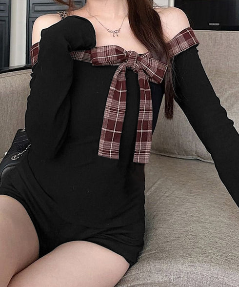 オフショルダー長袖Tシャツチェックリボン 肩見せトップス レディース チェック柄切り替えTシャツ 着やせ スリムフィットカットソー 大人可愛いタイトトップス肩出し 84WANJIA-026